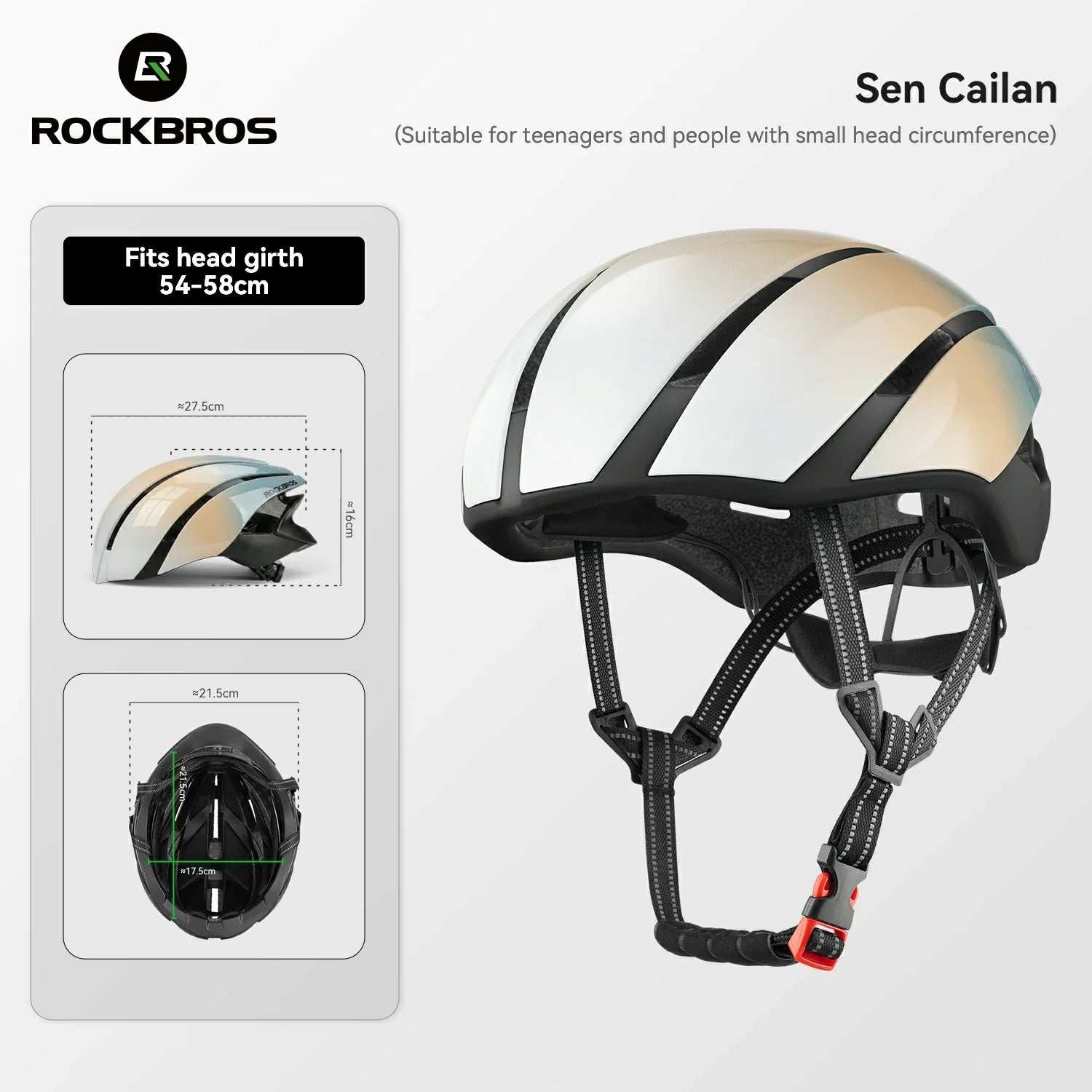 Rockbros Sen Cailan bicycle helmet in reflective silver with black accents and black straps, shown on a light gray background with fitment diagrams and measurements. #Color_Colorful