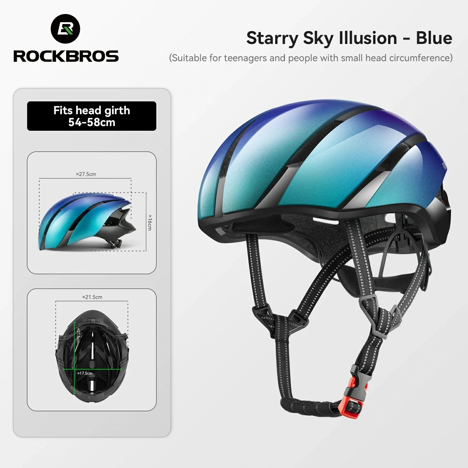 Rockbros Starry Sky Illusion - Blue bicycle helmet shown on a light gray background with fitment diagrams and measurements. The helmet features a glossy blue-to-teal mirrored shell with black accents and black chin straps. #Color_Blue