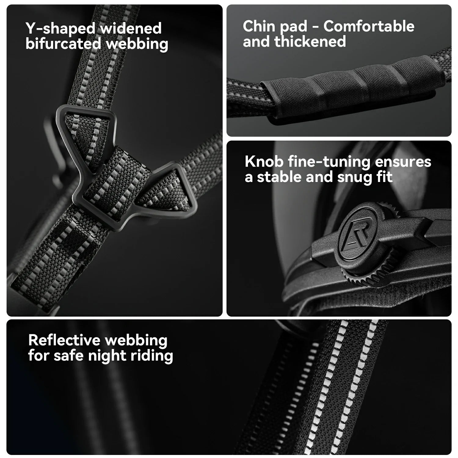 A five-panel product feature collage for a black bicycle handlebar bar end or grip component. Text callouts highlight Y-shaped widened bifurcated webbing, a chin pad that is comfortable and thickened, a knob for fine-tuning, and reflective webbing for safe night riding, all shown on a dark background.