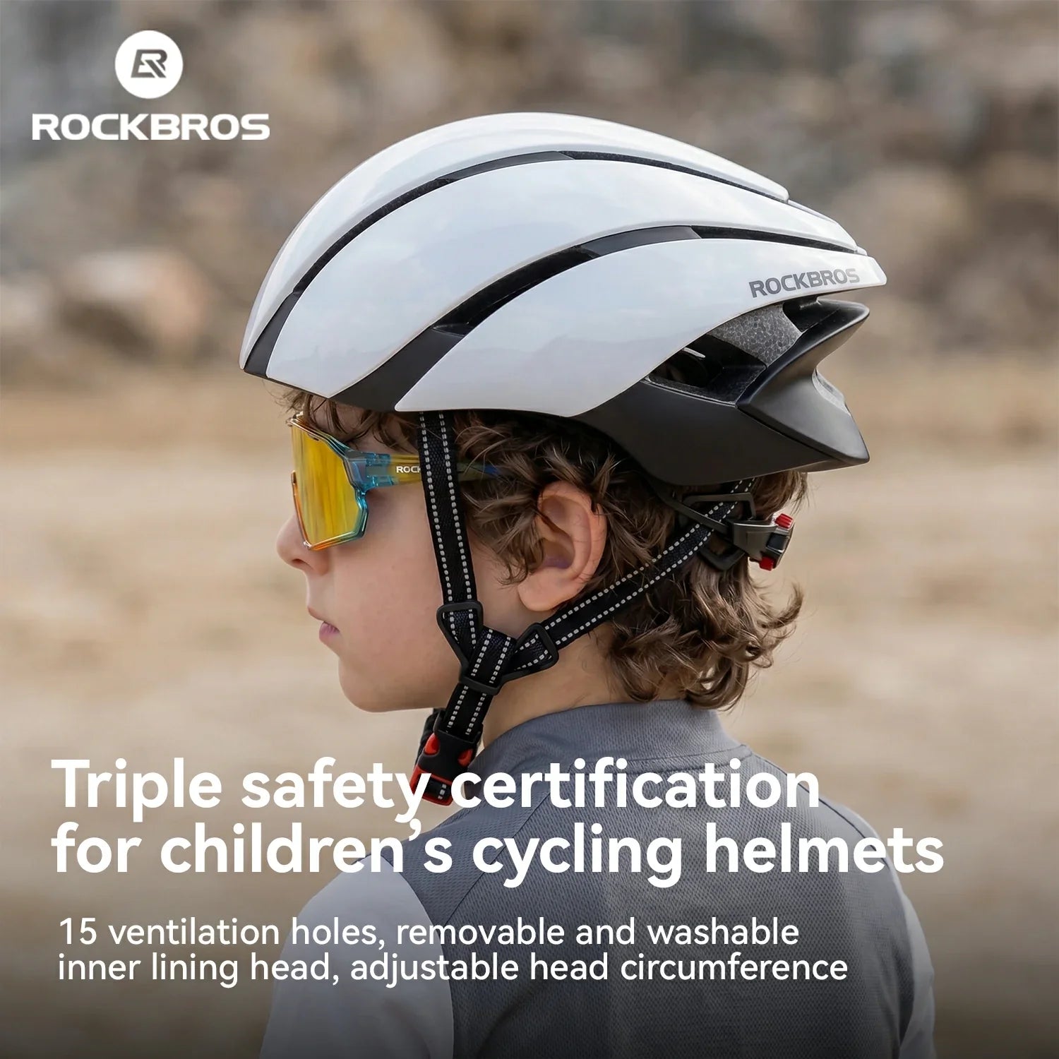 A child wearing a white and black ROCKBROS cycling helmet, shown in profile against a blurred outdoor background. The image includes text highlighting safety features and certification for children's cycling helmets.