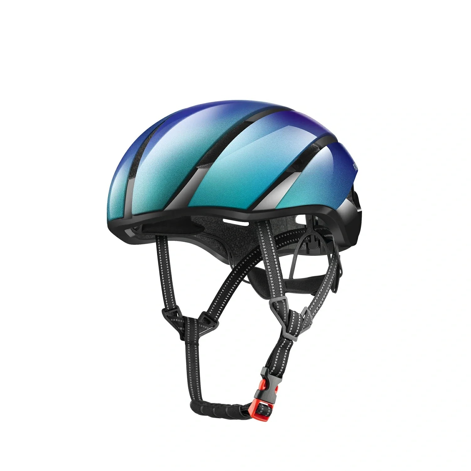 A bicycle helmet with a glossy blue-to-green mirrored shell, black structural trim, and black adjustable chin straps with a small red accent on the buckle, shown against a plain white background. #Color_Blue