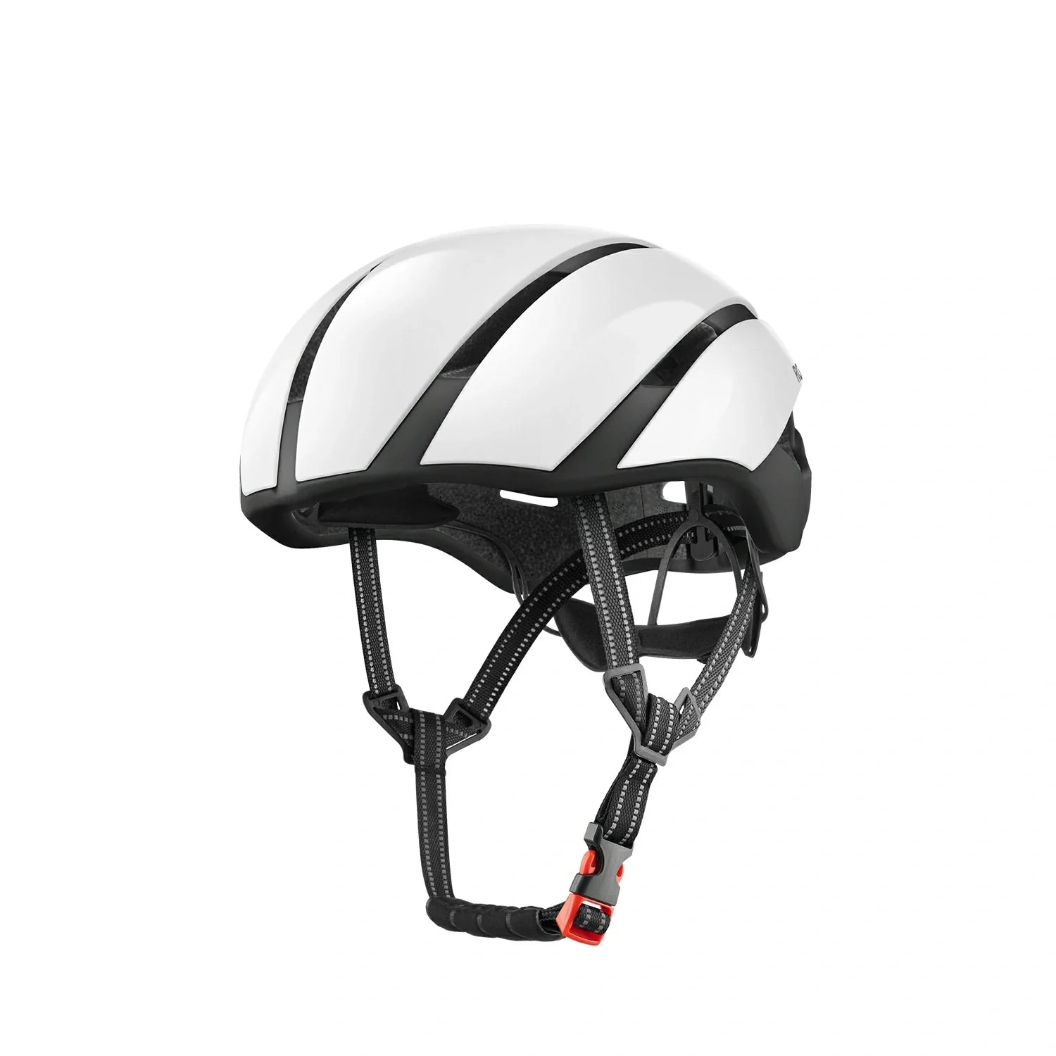 A white bicycle helmet with black accents and black chin straps, shown from a side profile on a solid white background. #Color_White