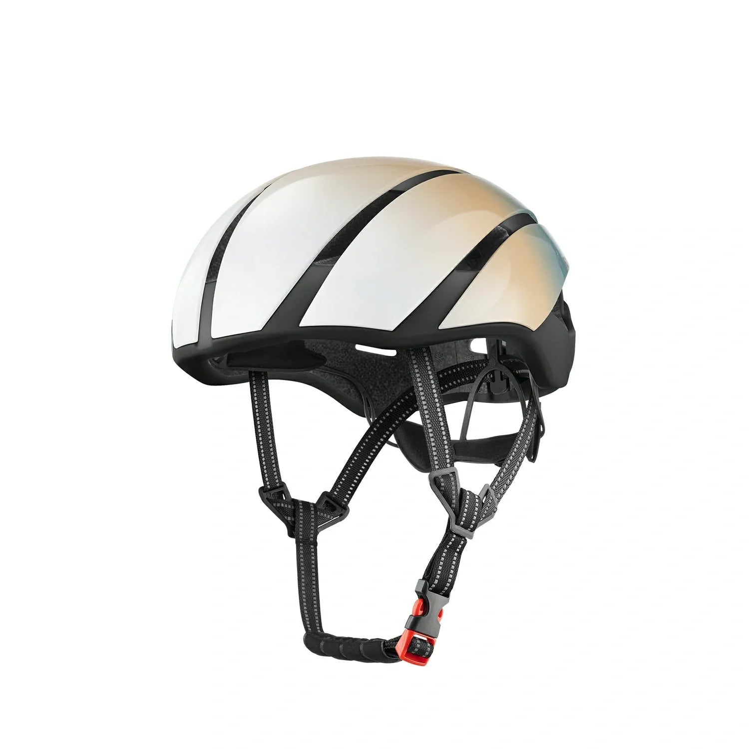 A bicycle helmet with a glossy white and iridescent gold upper shell, black vents and trim, black chin straps, and a small red accent on the buckle, shown against a plain white background. #Color_Colorful