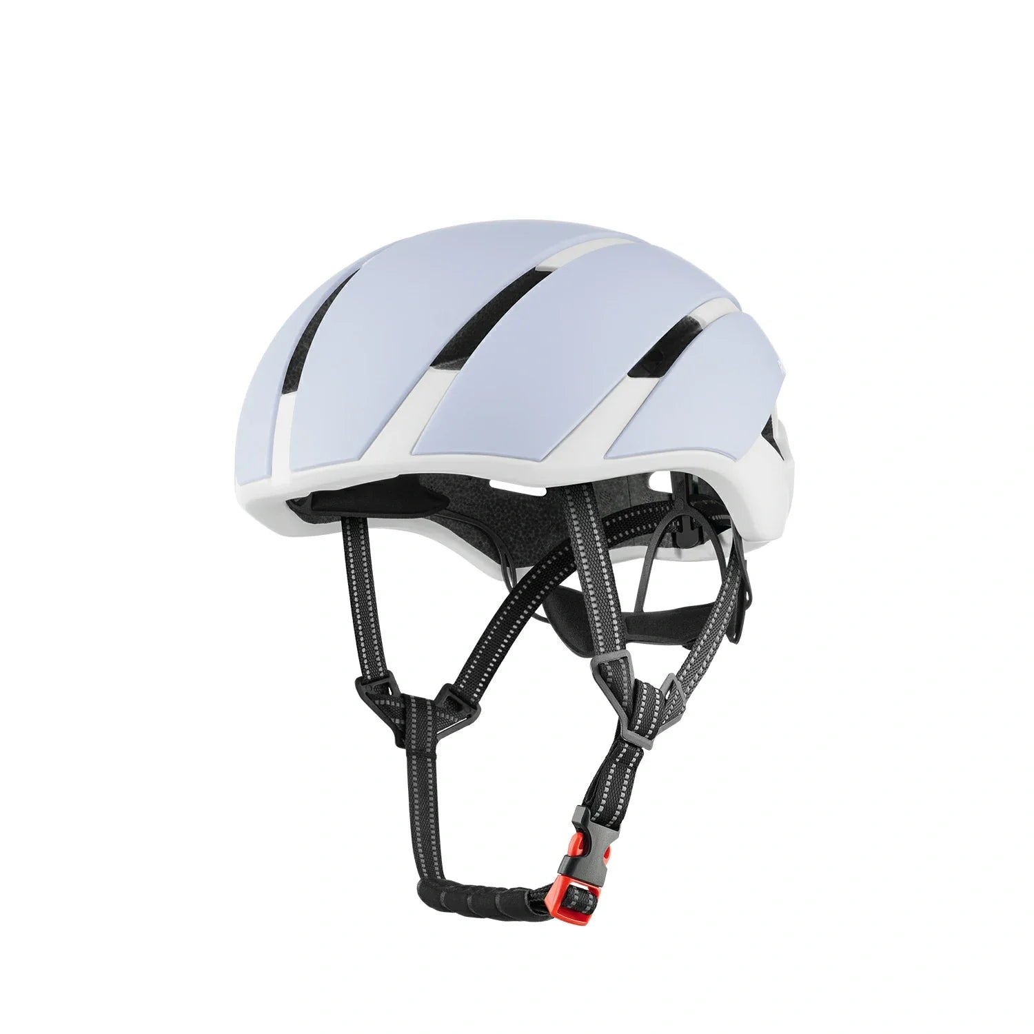 A light blue and white bicycle helmet with black ventilation slots and black adjustable chin straps, shown against a plain white background. #Color_Purple
