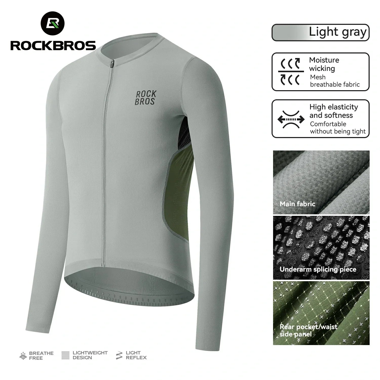 A light gray long-sleeve cycling jersey by Rockbros, displayed on a white background with feature callouts and fabric close-ups on the right. The jersey has a full front zipper, a subtle black Rockbros logo on the left chest, and dark green side panel accents.  #Color_Gray