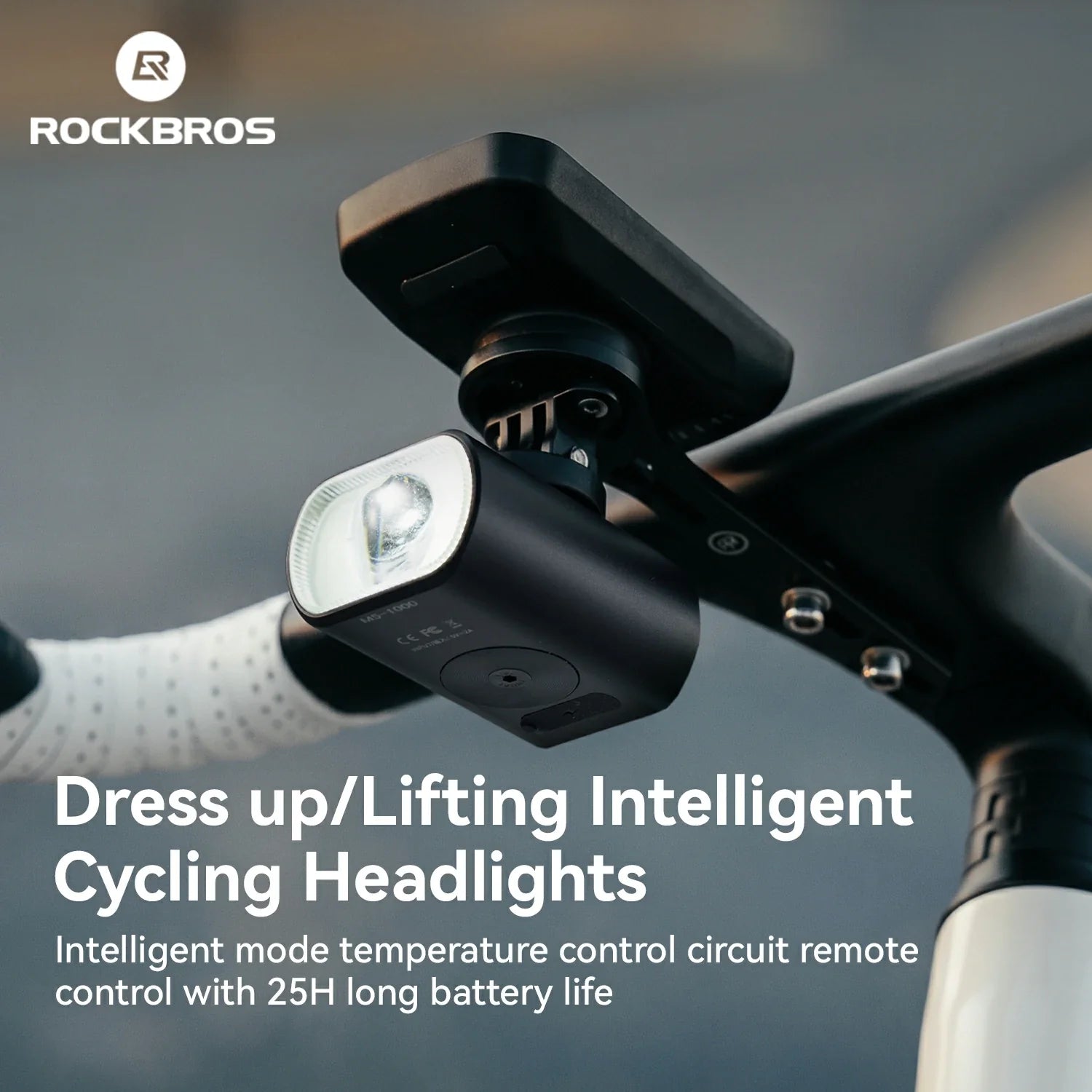 A black Rockbros intelligent cycling headlight mounted on a bicycle handlebar, with promotional text and the Rockbros logo in the upper left.