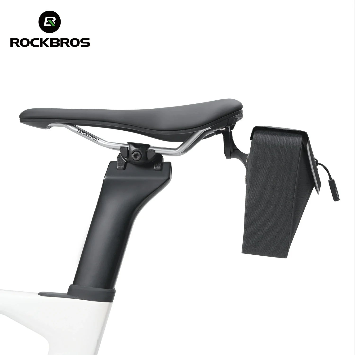 Bicycle seat with a black cover and RockBros logo on a white background #Color_Black