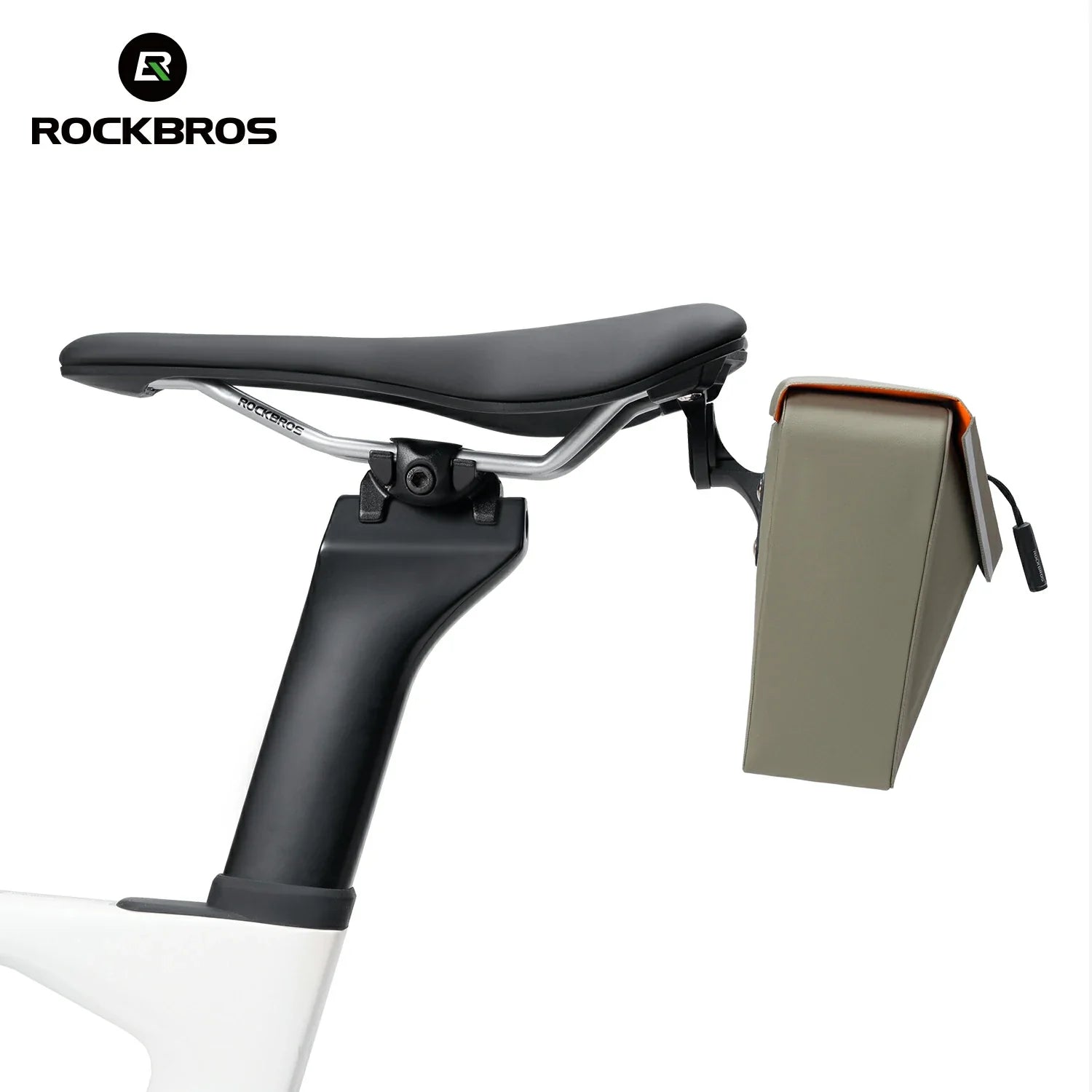 Bicycle seat with a holder attached, featuring the RockBros brand. 