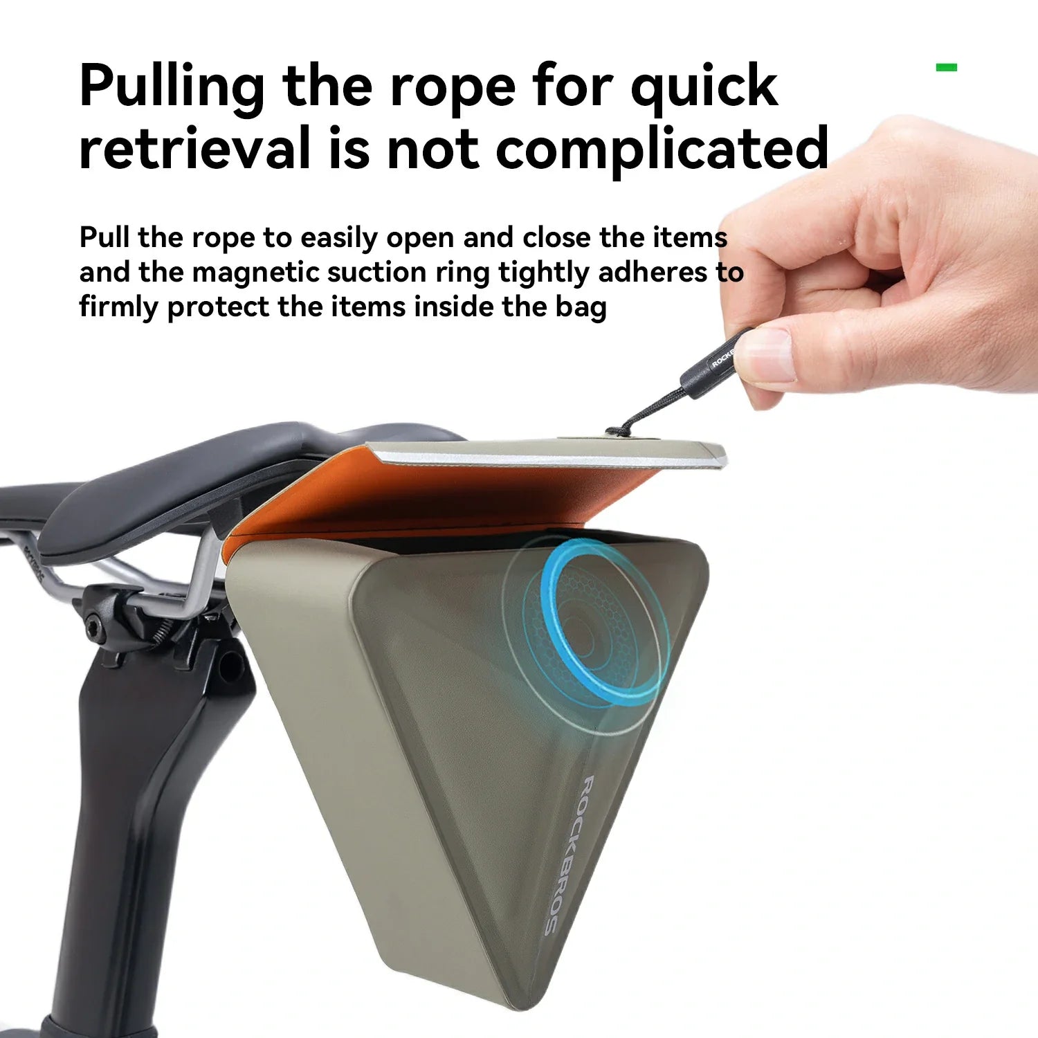 Hand using a tool to open a triangular bag with a magnetic suction ring, text on quick retrieval.