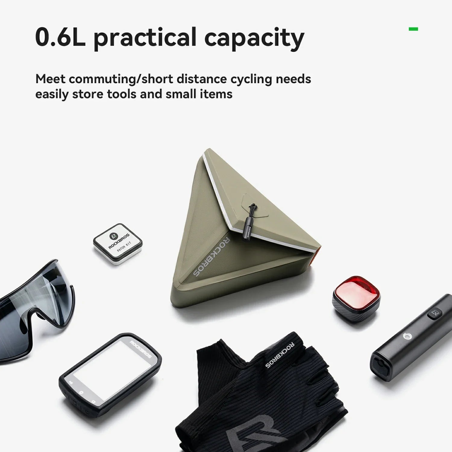 Collection of small items including a triangular tool case, sunglasses, phone case, and electronic devices on a white background.