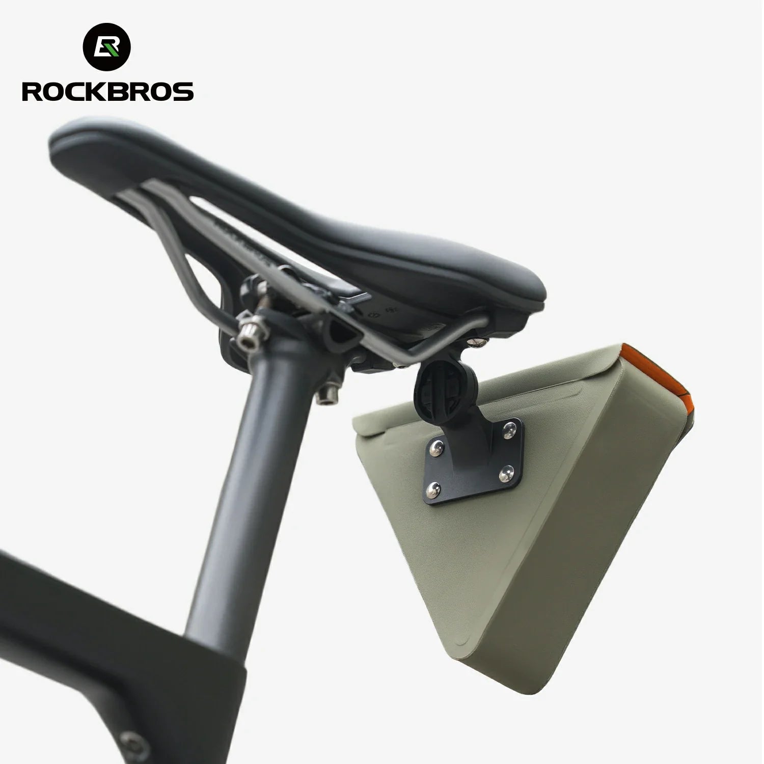 Bicycle seat with a triangular storage box attached, branded with RockBros. #Color_Green