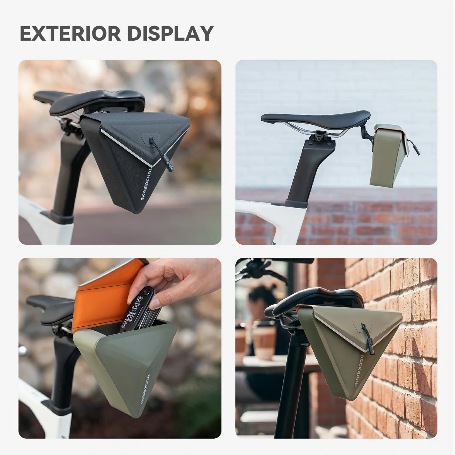 Collage of bicycle seat bags in various settings with text 'Exterior Display'.