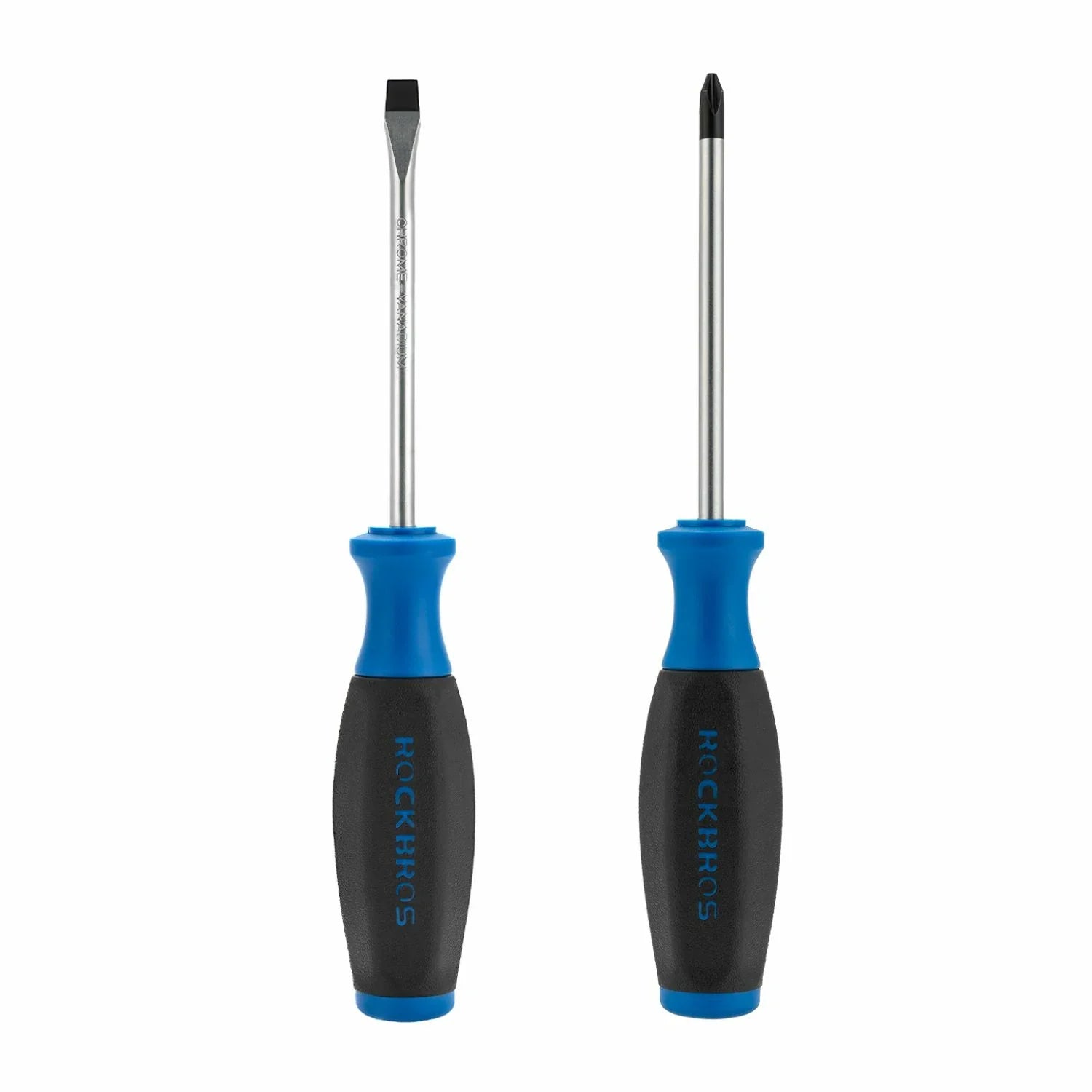 Two screwdrivers with blue and black handles on a plain white background, one with a flathead bit and one with a Phillips bit. #Size_Screwdrivers