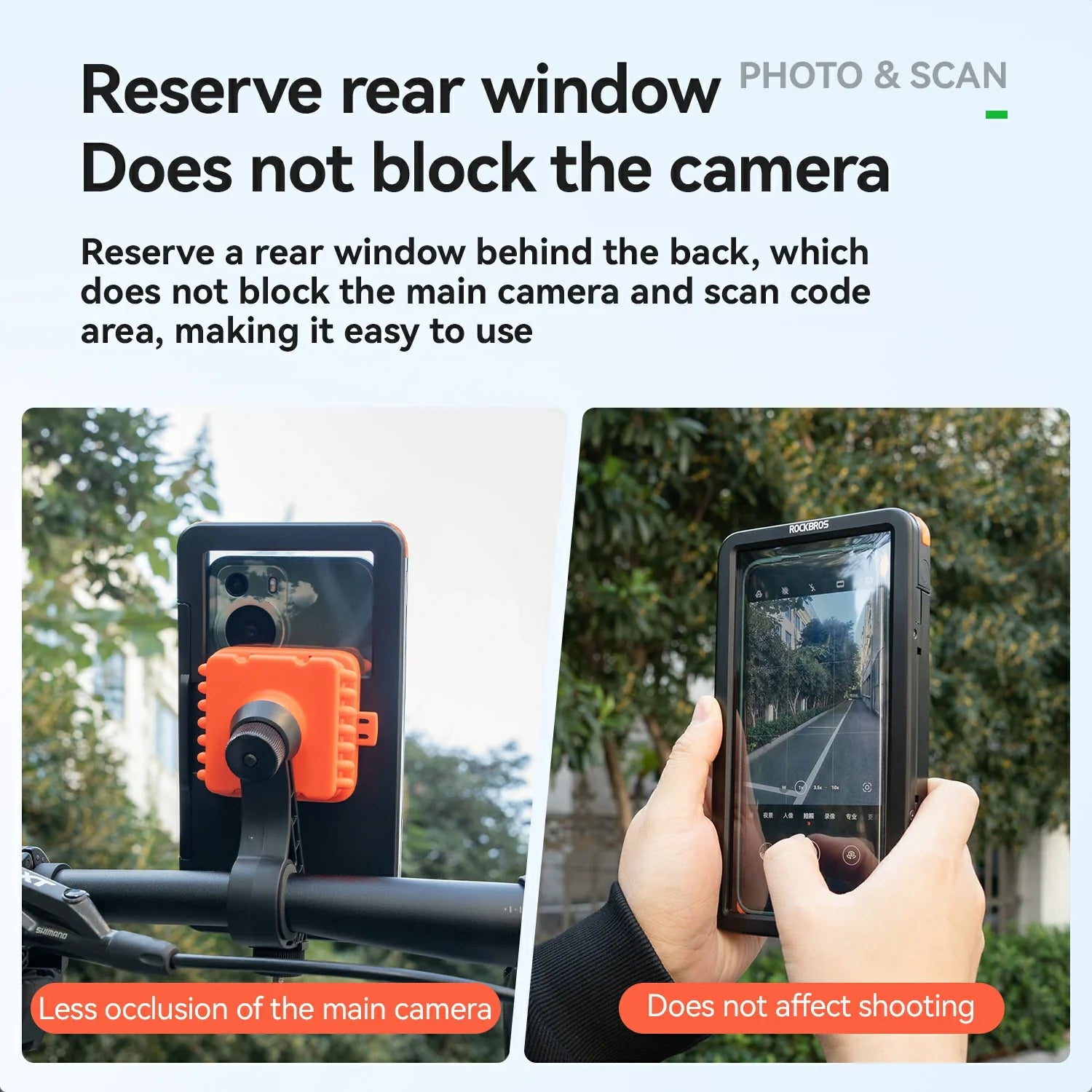 Product demonstration with a phone and camera accessory, showing how it does not block the main camera.