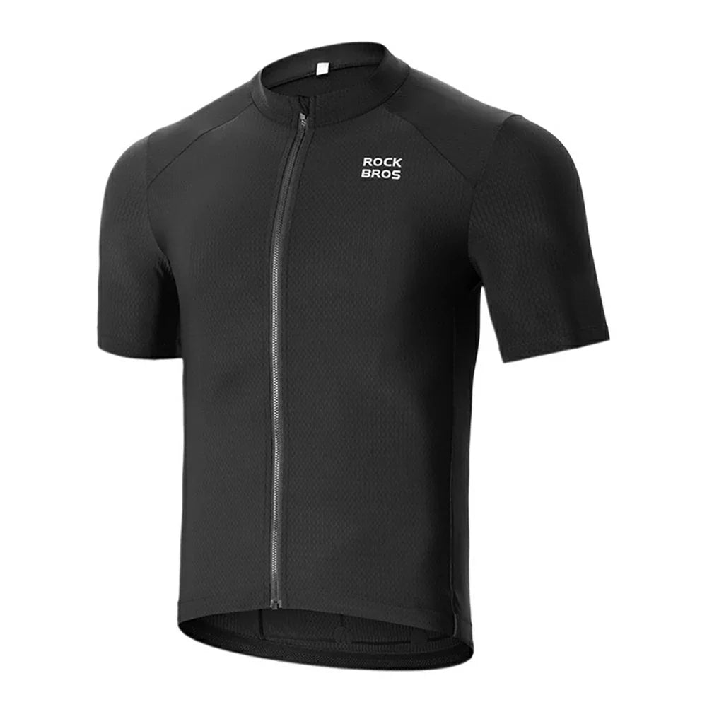 A black short-sleeve cycling jersey with a full-length front zipper and a white 'ROCKBROS' logo on the left chest, shown on a plain white background. #Color_Black
