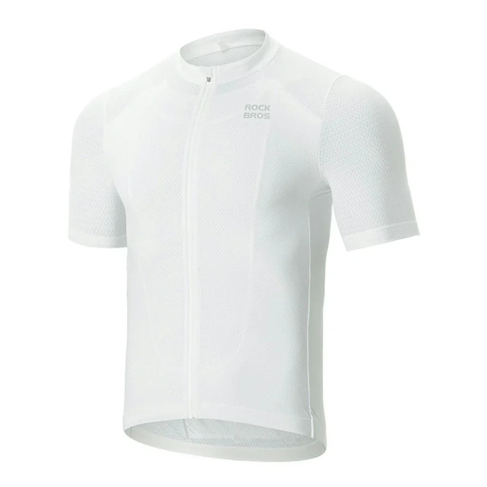 A white short-sleeve cycling jersey with a full-length front zipper and a subtle gray 'ROCKBROS' logo on the left chest, displayed on a clean white background. #Color_White