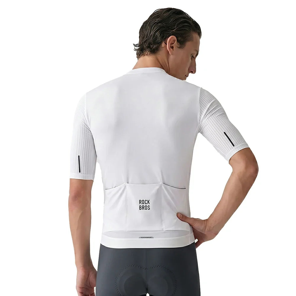 Men's cycling jersey with stretch sleeves and full zip design in white #Color_White