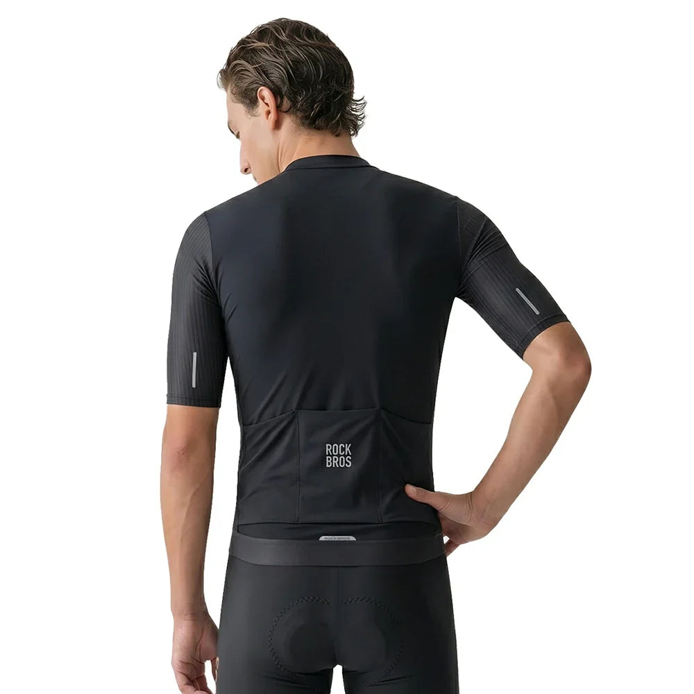 Lightweight black road bike jersey with reflective details for men #Color_Black