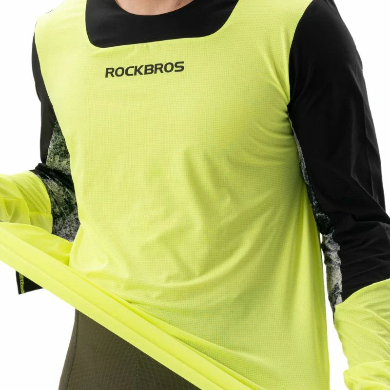 Person wearing a bright yellow bib with 'RockBros' branding on a white background