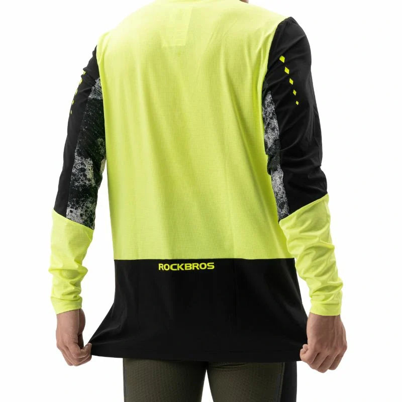 Back view of a black and yellow long-sleeve shirt with 'RockBros' branding on a white background