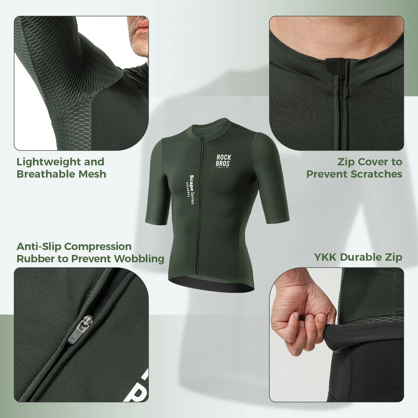 ROCKBROS mens cycling jersey short sleeve dark sage green