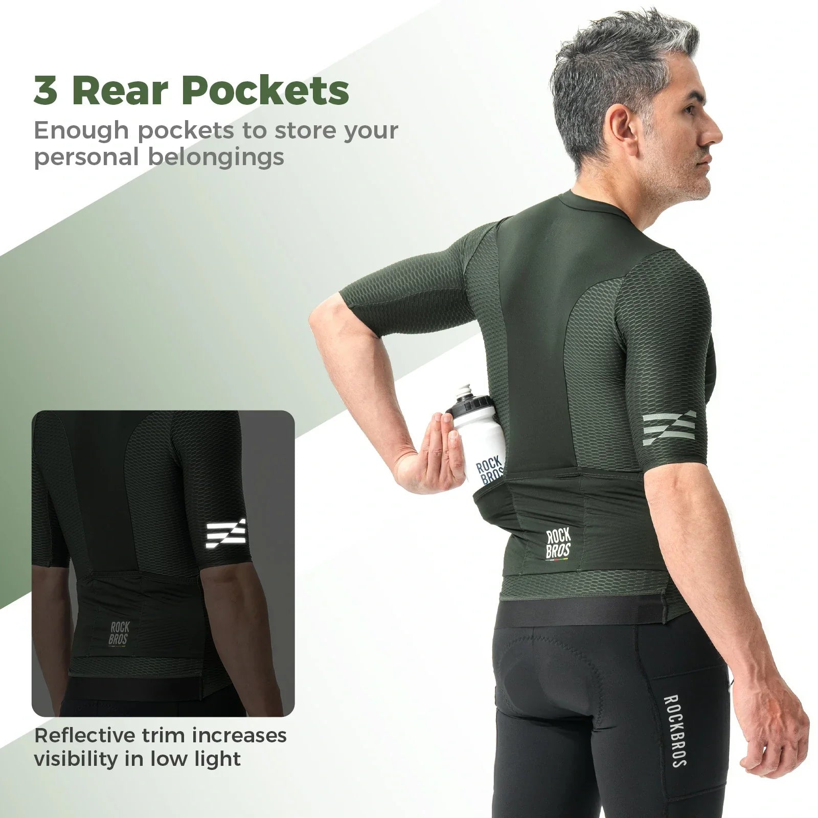ROCKBROS mens cycling jersey short sleeve dark sage green