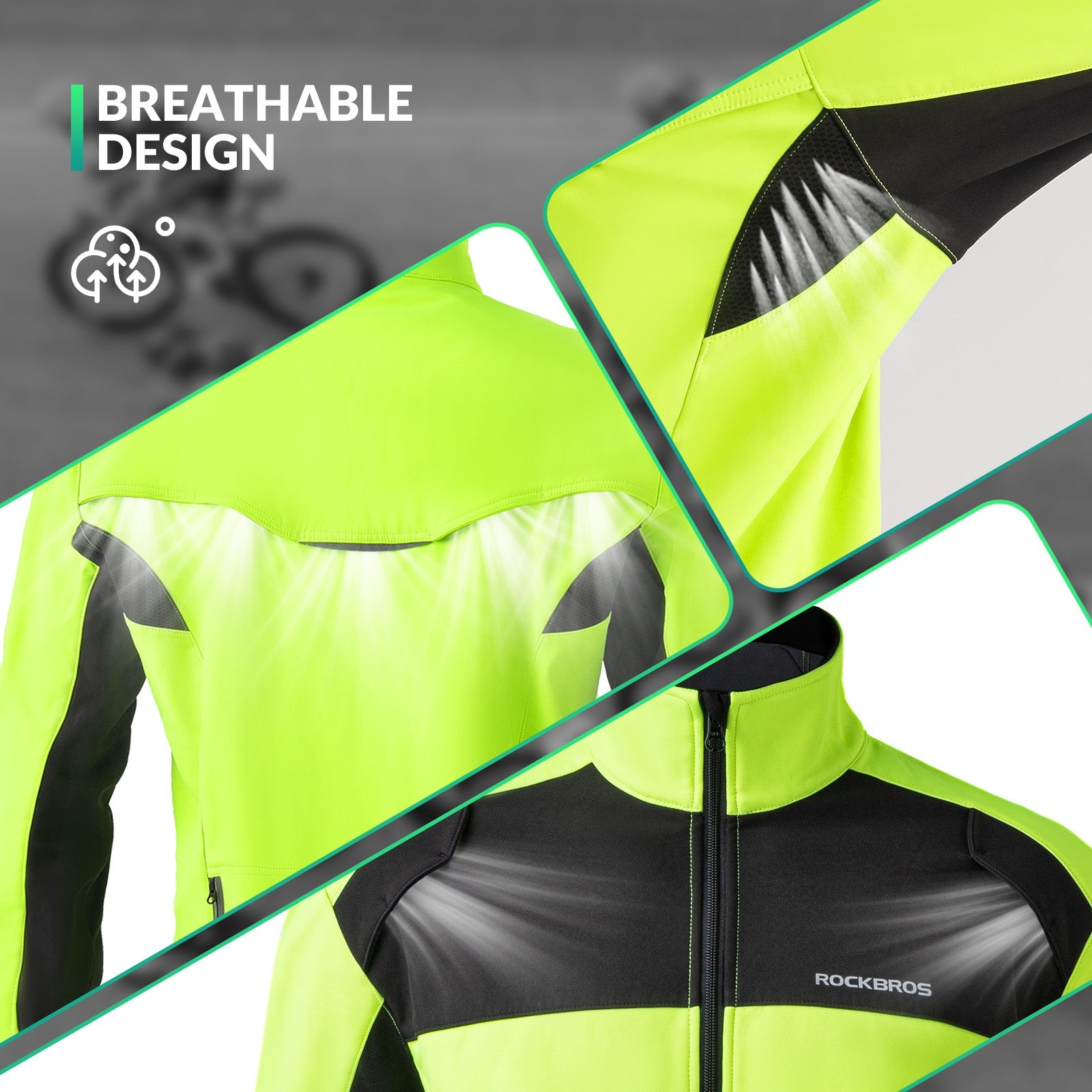 Yellow and black jacket with 'Rockbros' branding, highlighting breathable design.