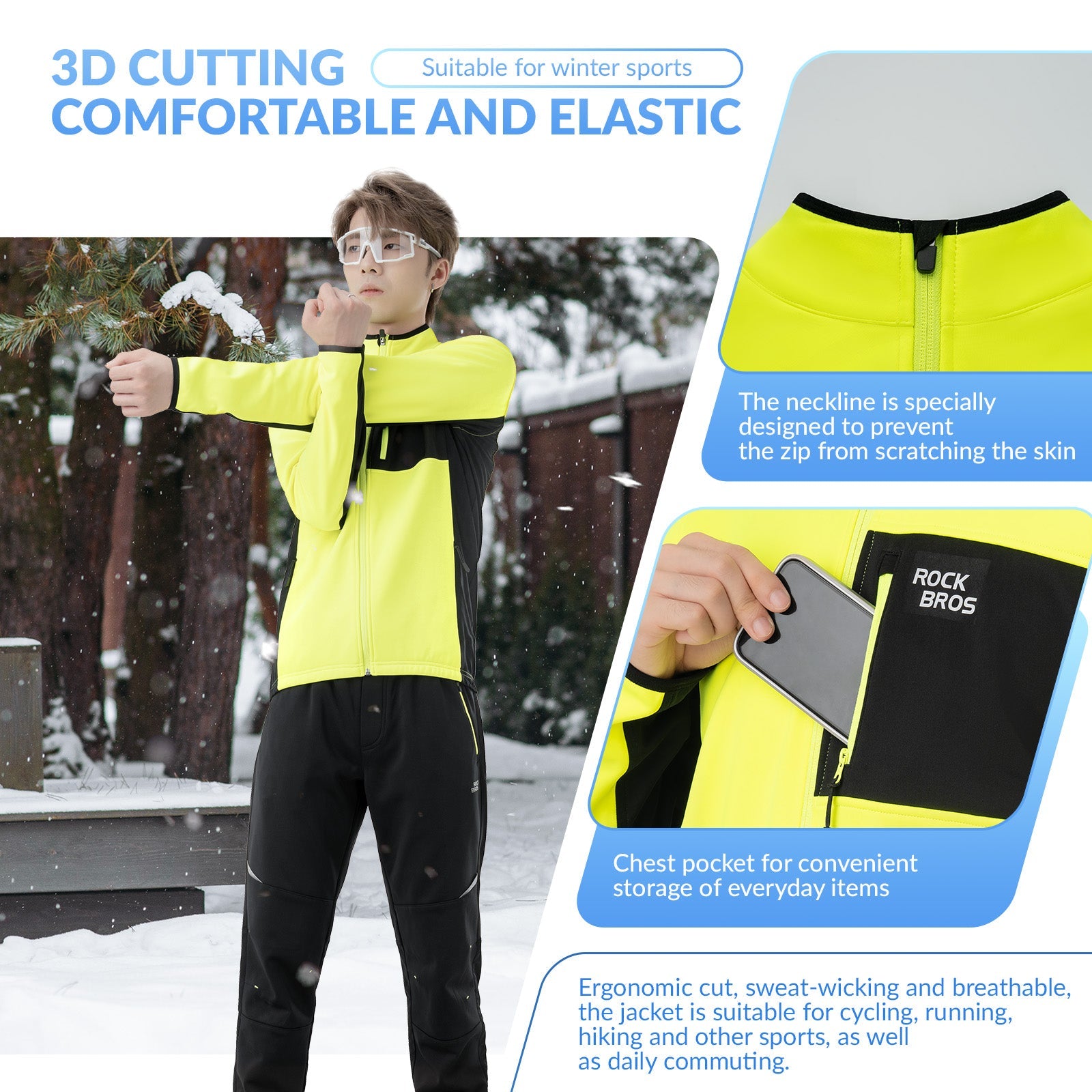 Person wearing a yellow and black jacket with text highlighting features, outdoors in winter.