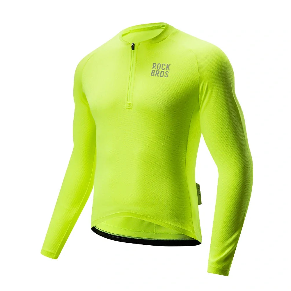 A long-sleeve athletic cycling jersey in neon yellow-green, featuring a half-zip collar and the 'ROCK BROS' brand name printed on the left chest, shown against a plain white background. #Color_Yellow