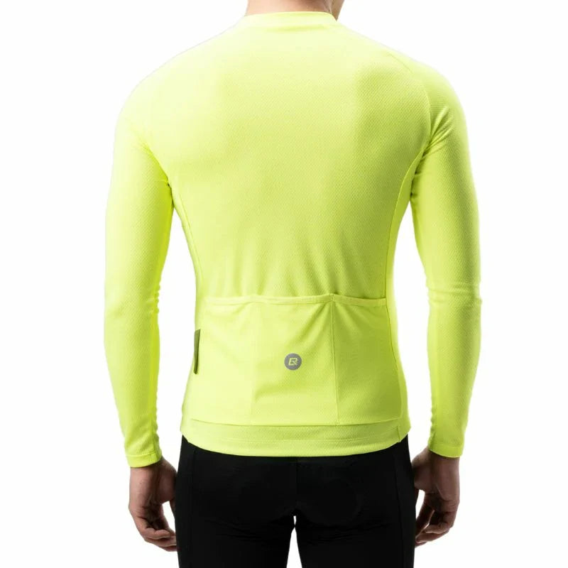 A man viewed from the back wearing a bright neon yellow long-sleeve cycling jersey with a large rear saddle bag pocket and a small circular logo patch, paired with black cycling shorts against a plain white background. #Color_Yellow