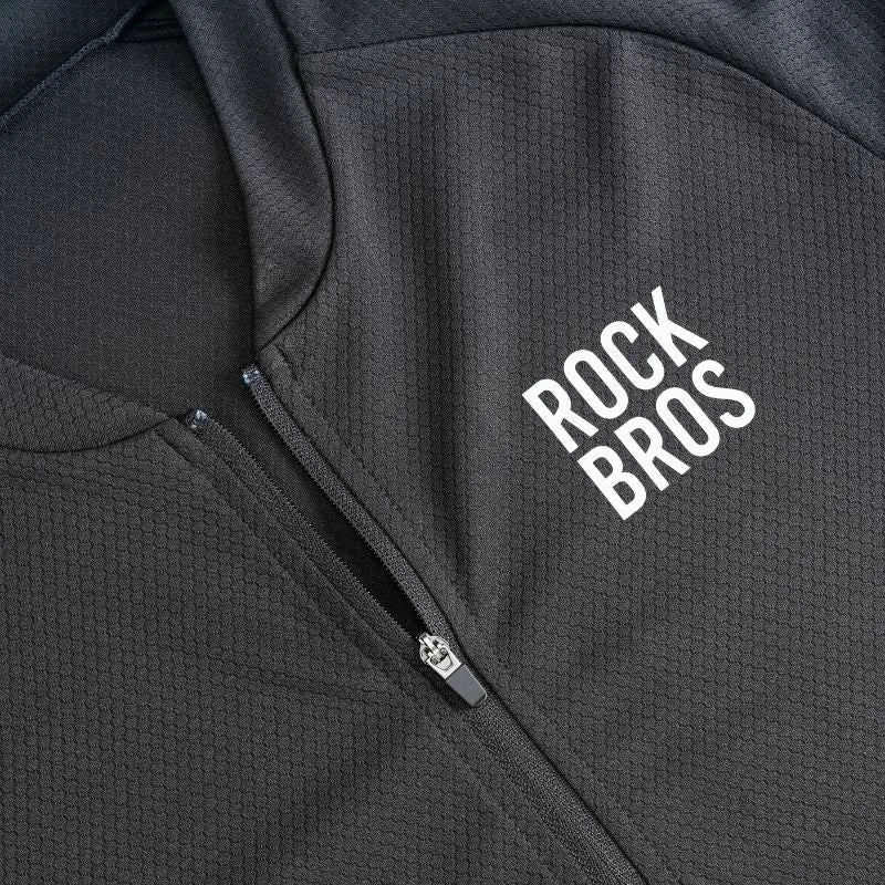 Close-up of a black textured zip-up hoodie with a white 'ROCKBROS' logo printed on the chest.
