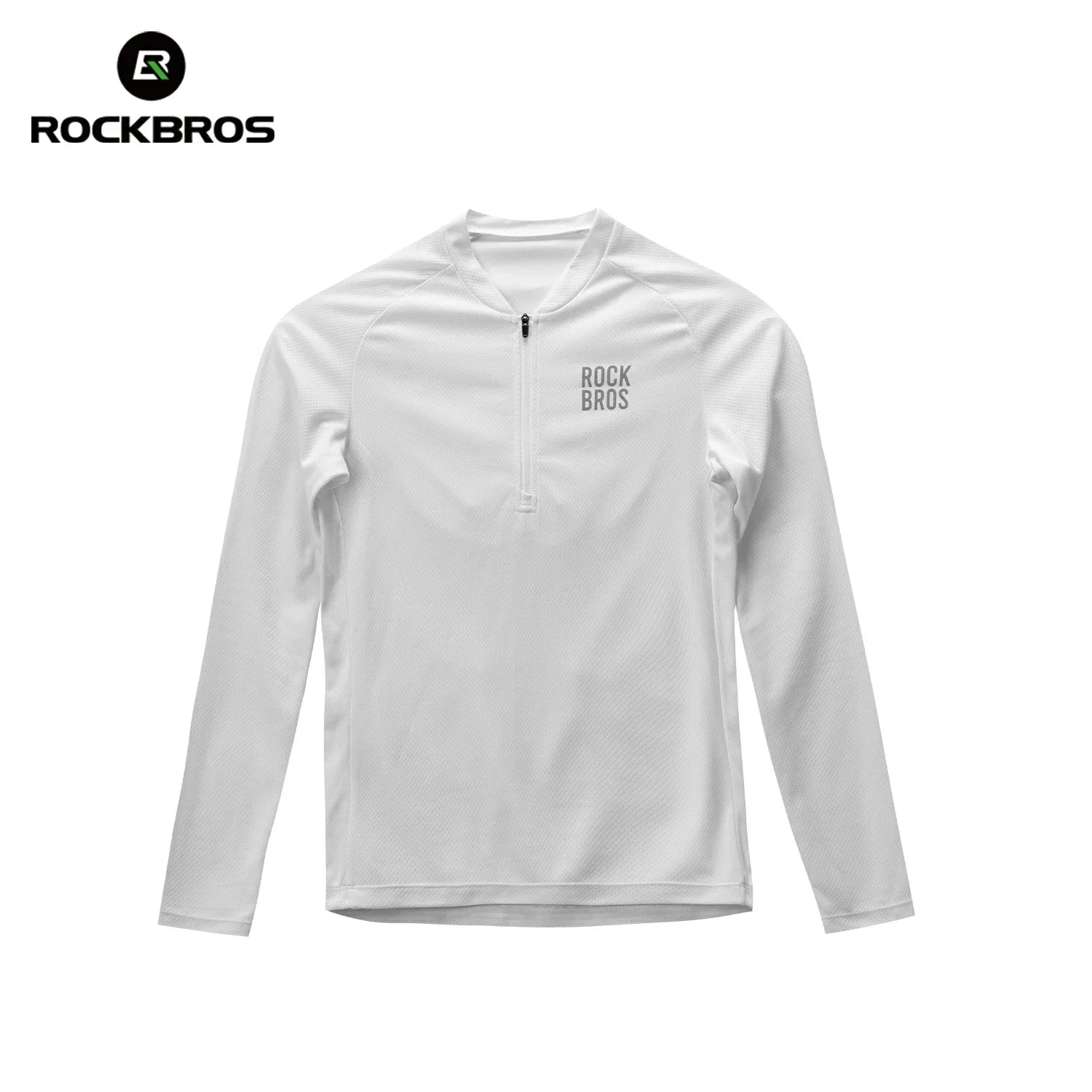 A white long-sleeve quarter-zip athletic top by Rockbros, featuring a small black logo on the left chest, displayed on a clean white background with the brand logo in the top-left corner. #Color_White