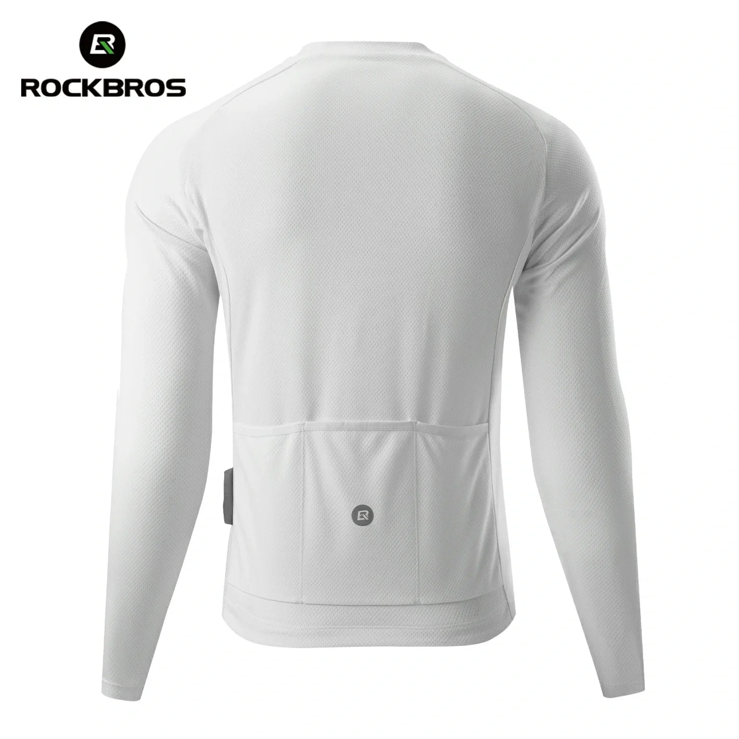 White long-sleeve shirt with a pocket on a white background, featuring the RockBros brand. #Color_White