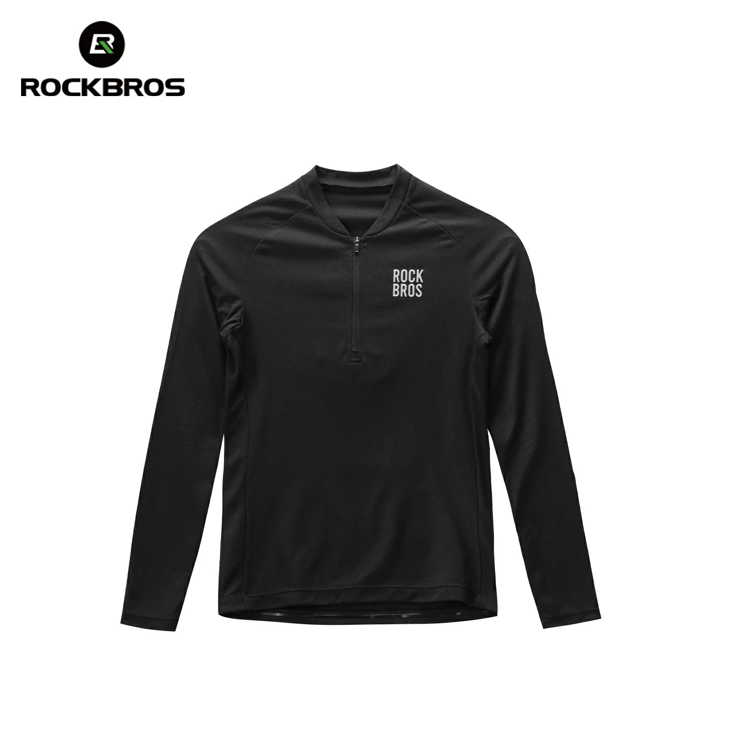 A black long-sleeve quarter-zip athletic top by Rockbros, featuring a small white 'ROCKBROS' logo on the left chest, displayed on a clean white background with the brand logo in the top-left corner. #Color_Black
