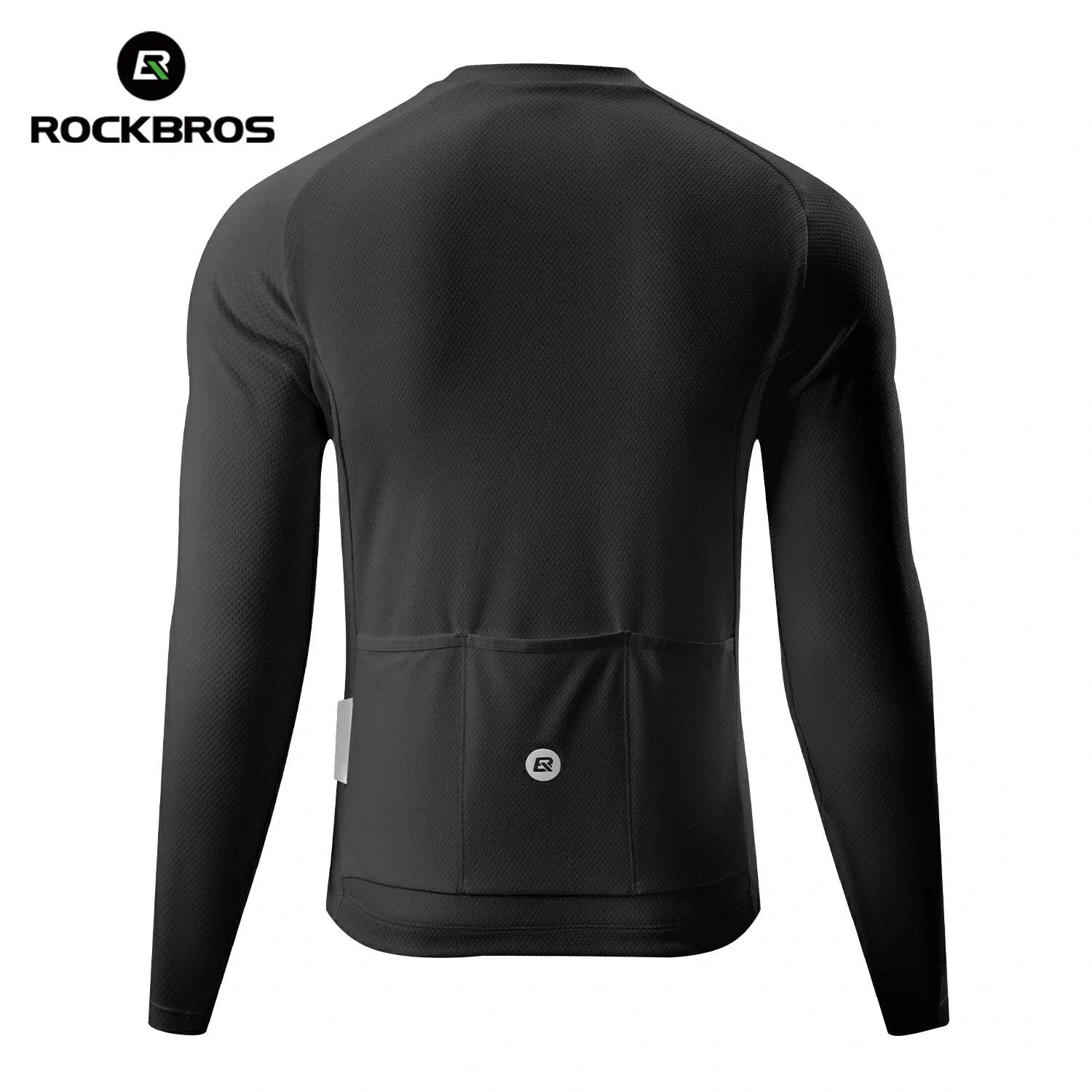 Black long-sleeve athletic shirt with a pocket on a white background, featuring the RockBros brand. #Color_Black
