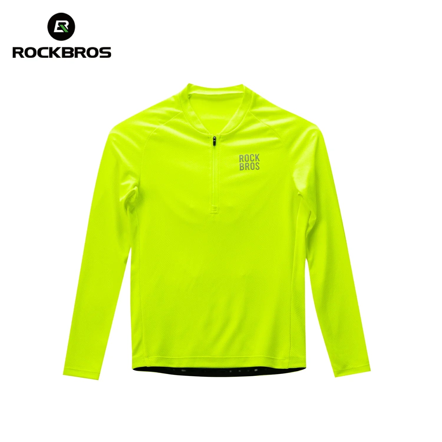 A bright neon yellow-green long-sleeve athletic half-zip top by Rockbros, shown flat against a white background with the brand logo in the top-left corner.  #Color_Yellow