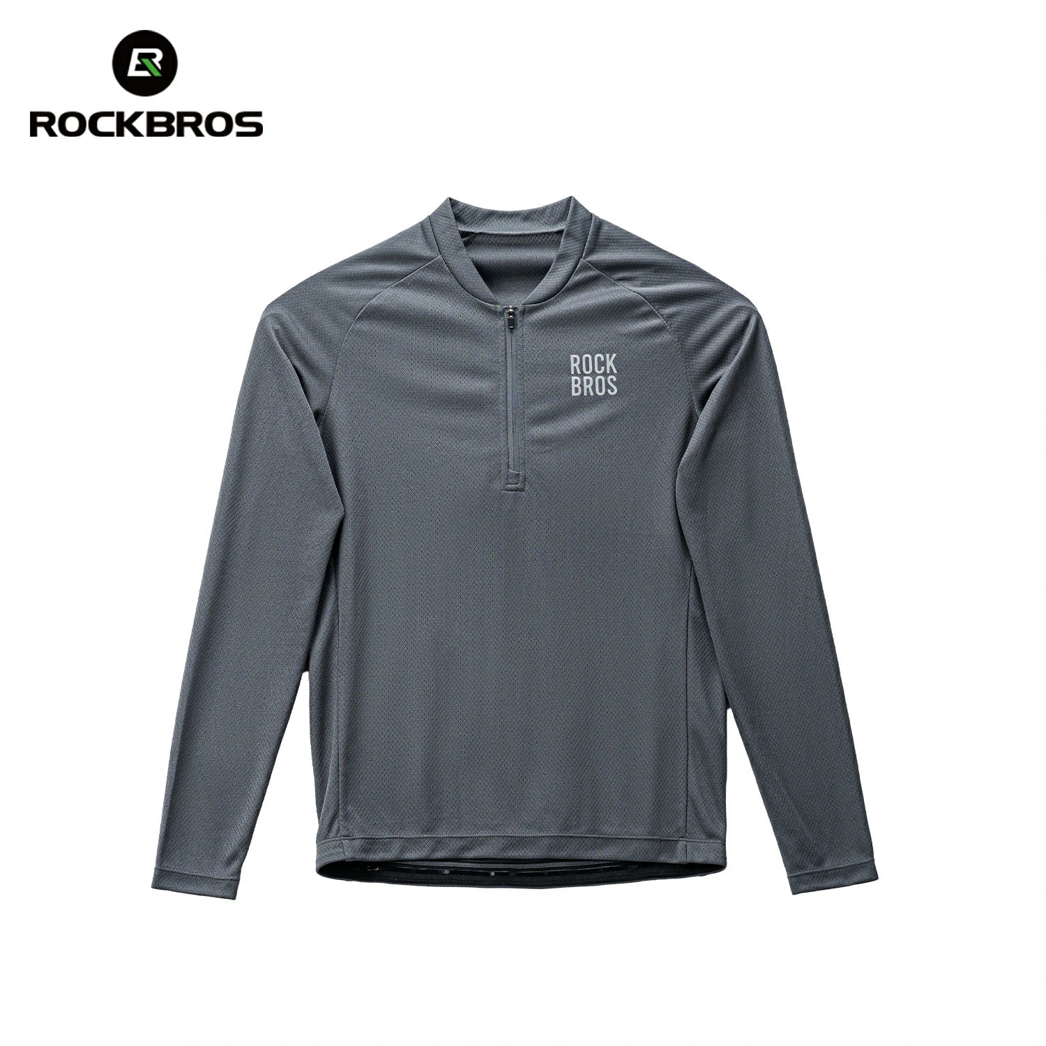 A dark gray long-sleeve quarter-zip athletic pullover from Rockbros, featuring a stand collar and a white printed logo on the left chest, shown against a plain white background with the brand logo in the top-left corner. #Color_Gray