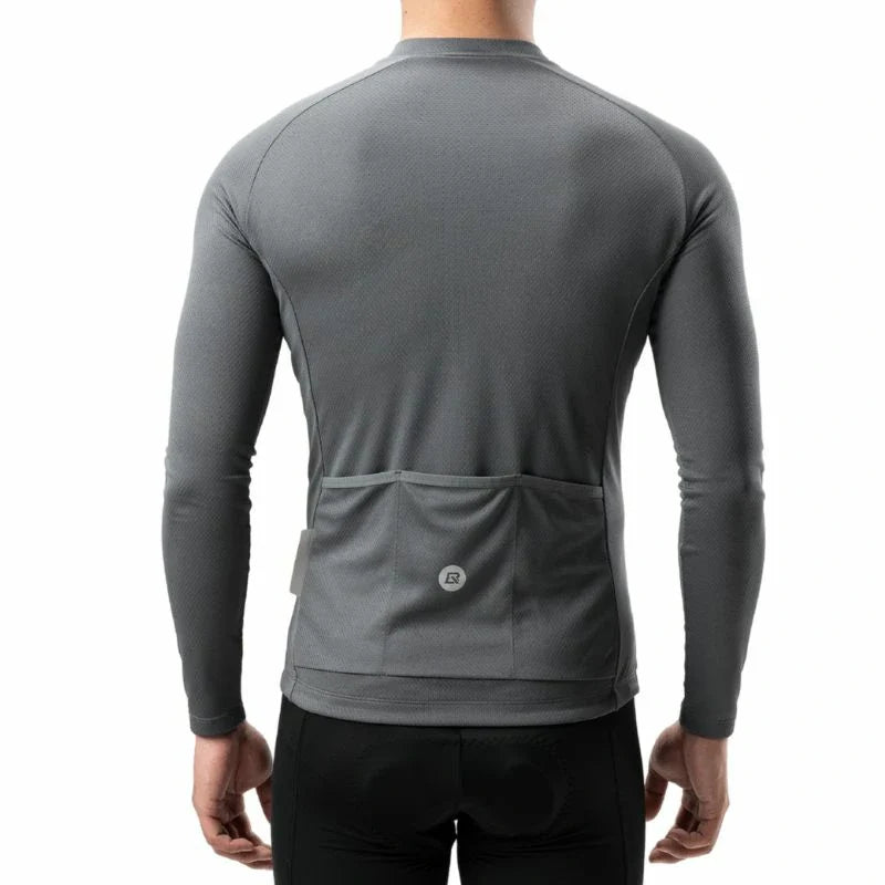 A man viewed from the back wearing a dark gray long-sleeve athletic jersey with a rear cargo pocket and black cycling shorts against a white background. #Color_Gray