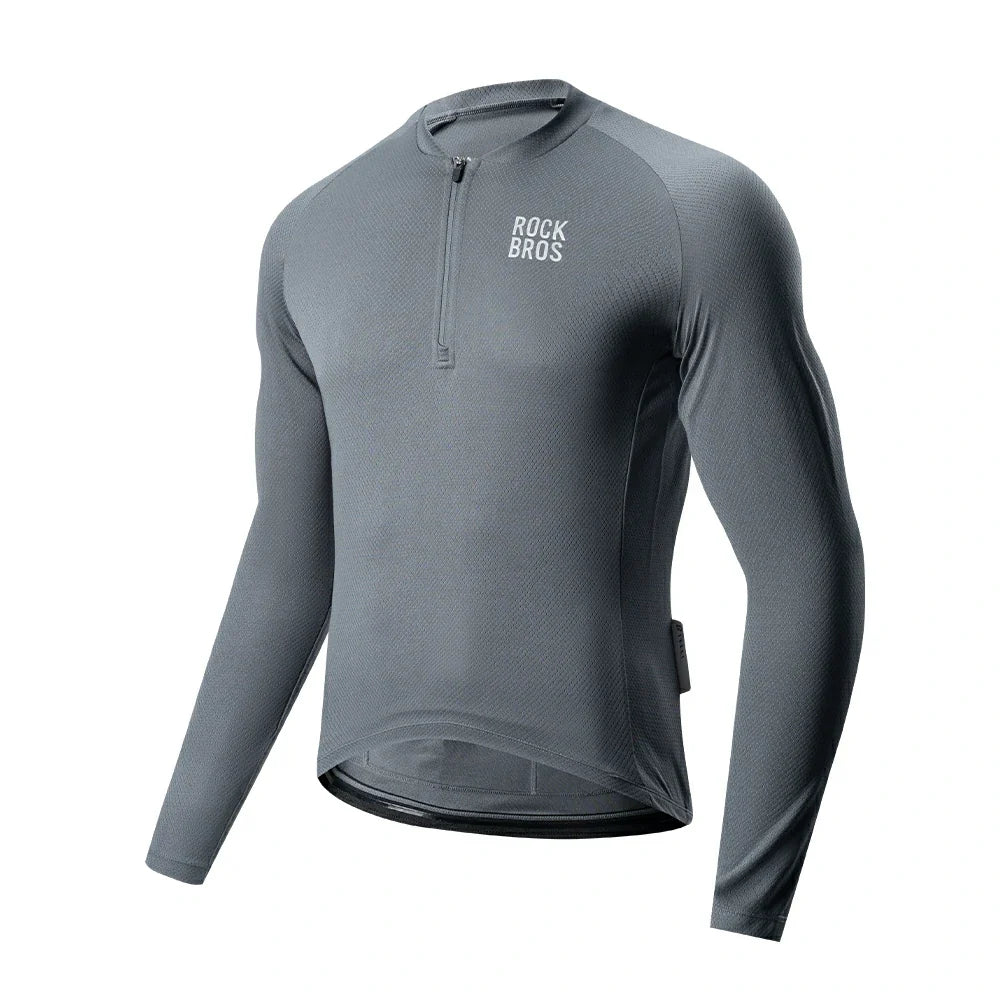 A dark gray long-sleeve athletic quarter-zip shirt with 'ROCKBROS' printed in white on the left chest, displayed on a clean white background.  #Color_Gray