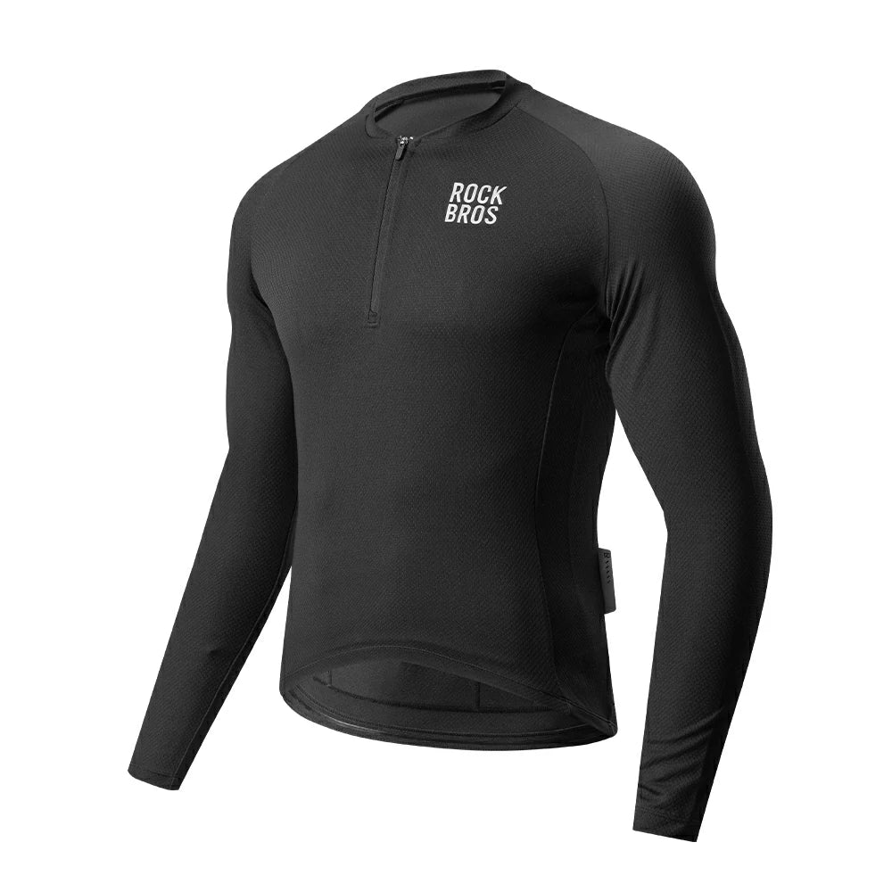 Men’s black long sleeve cycling jersey with half-zip front and reflective chest logo. #Color_Black