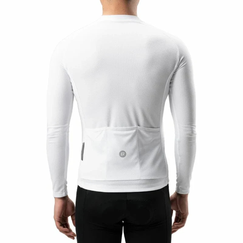 A man viewed from the back wearing a white long-sleeve athletic base layer with a rear pocket and black cycling shorts against a plain white background. #Color_White