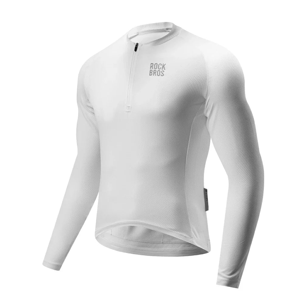 White long-sleeve athletic shirt with 'RockBros' branding on a white  background  #Color_White