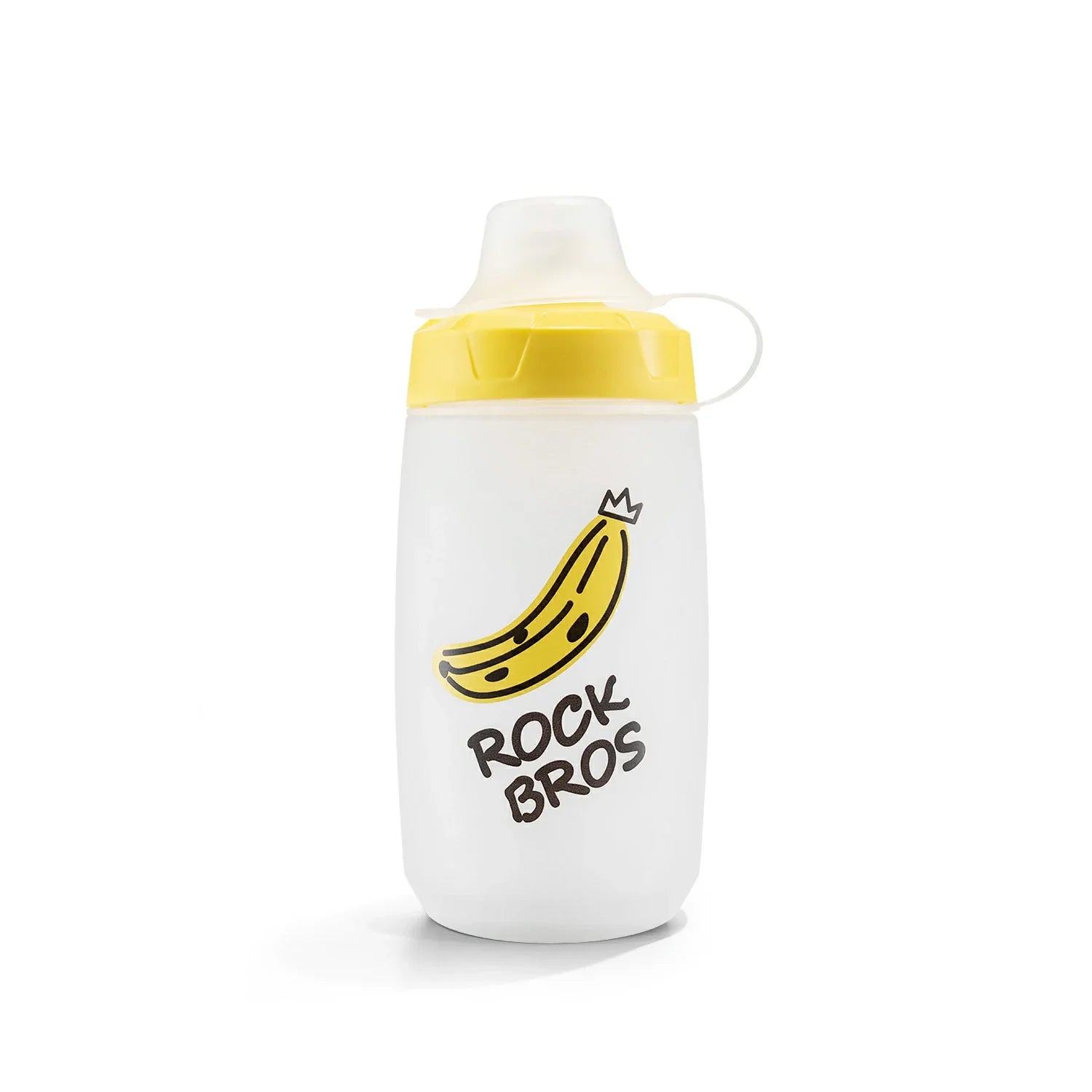 White sippy cup with yellow lid and banana graphic, featuring 'Rock Bros' text on a white background. #Color_Banana
