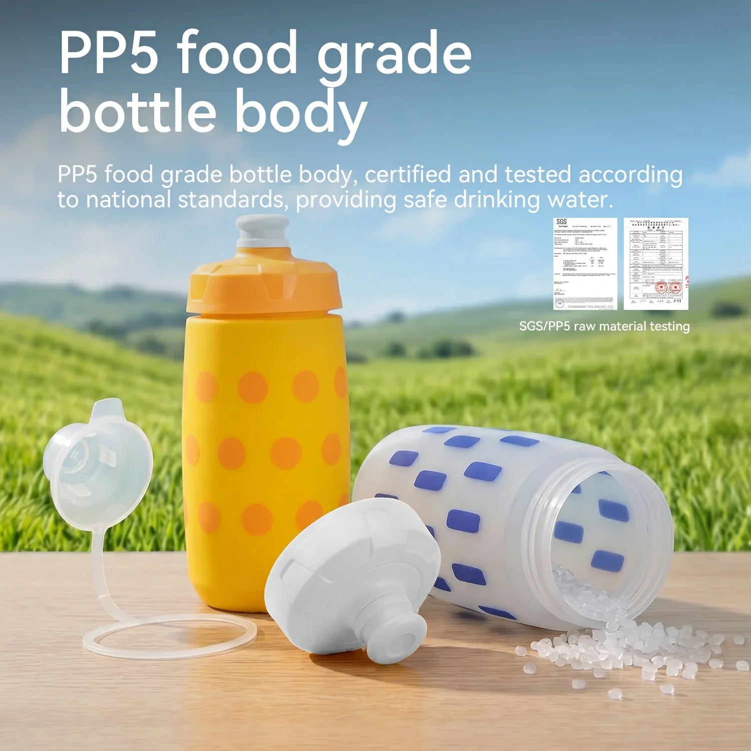 PP5 food grade bottle body with a yellow and white polka dot design on a wooden surface with a green field background.