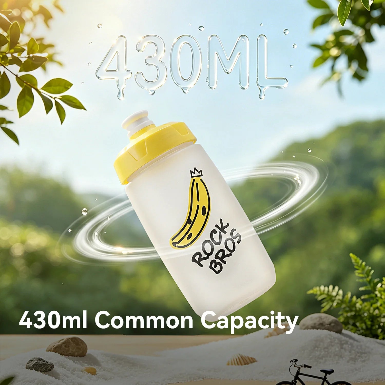 Clear water bottle with yellow cap and banana logo on a natural background
