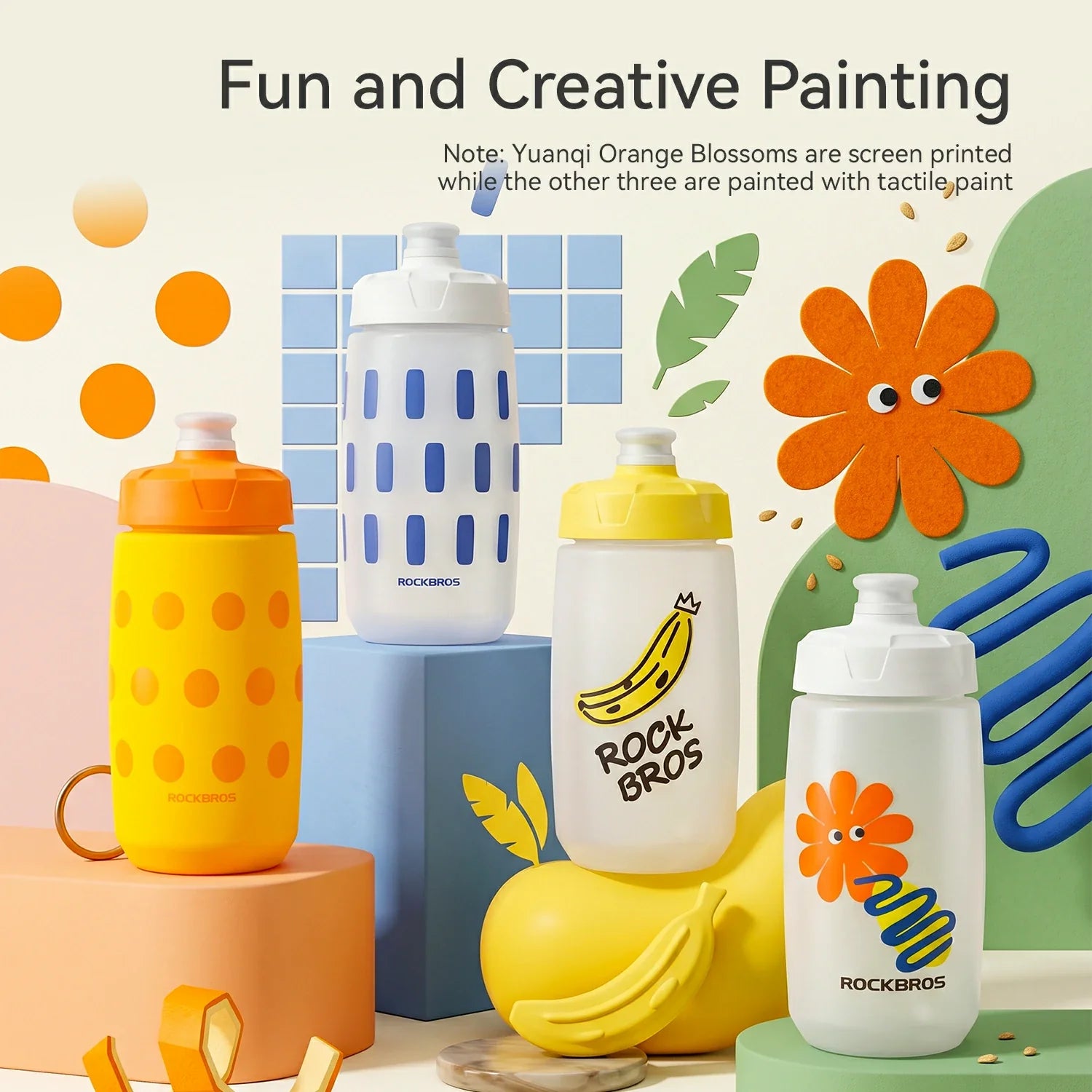 Colorful water bottles with playful designs on a vibrant background