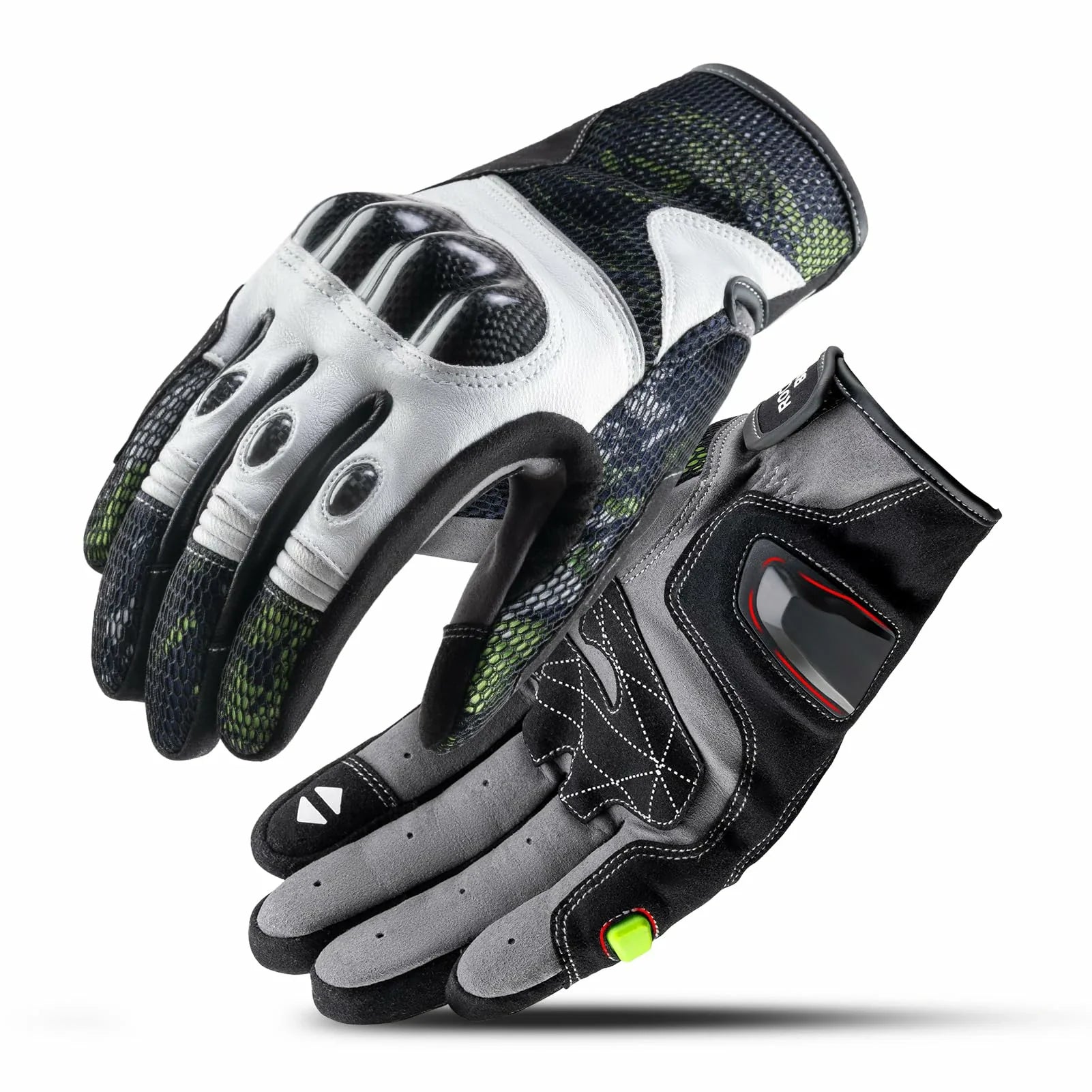 Pair of black and gray gloves with green accents on a white background