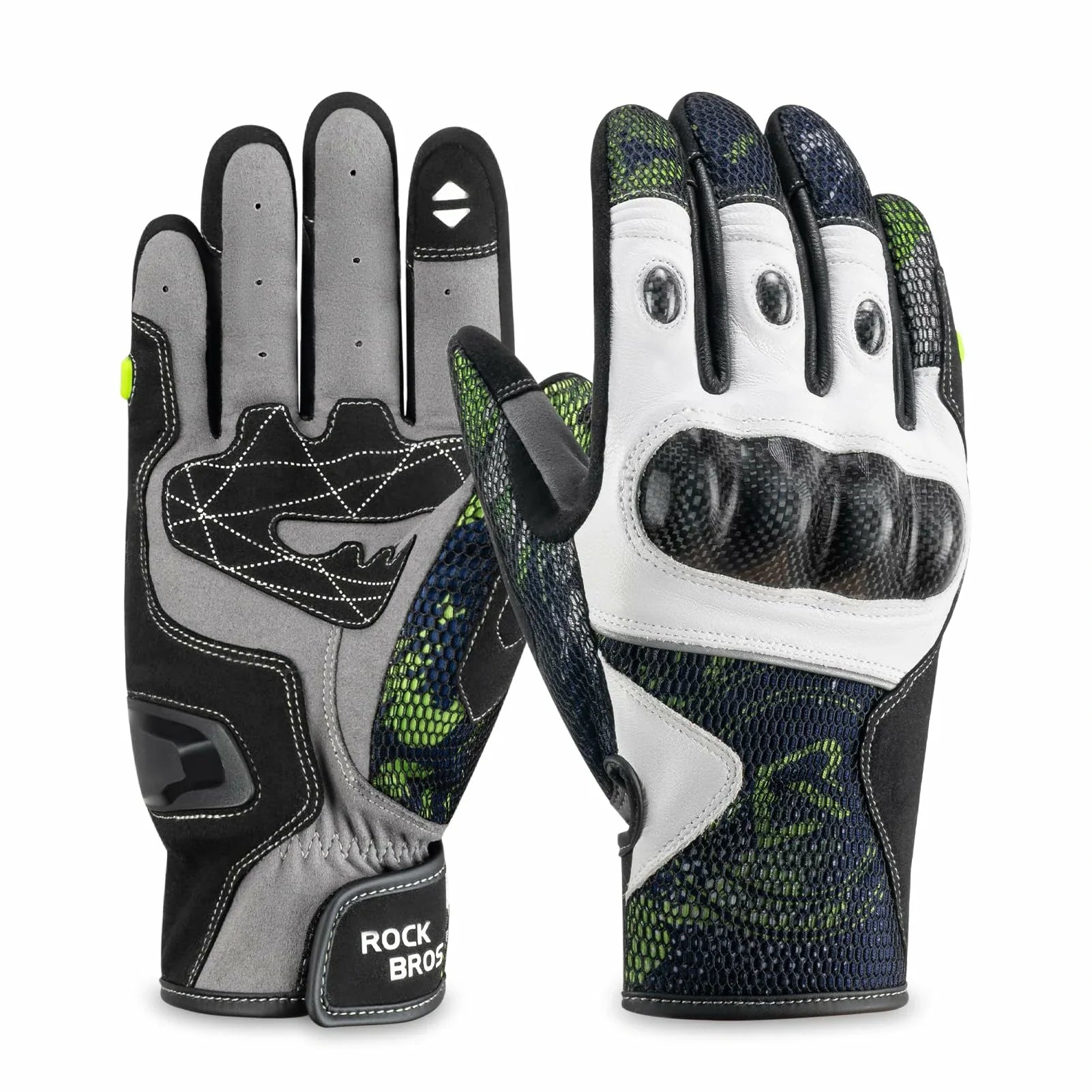 Pair of gloves with black, gray, and green design on a white background