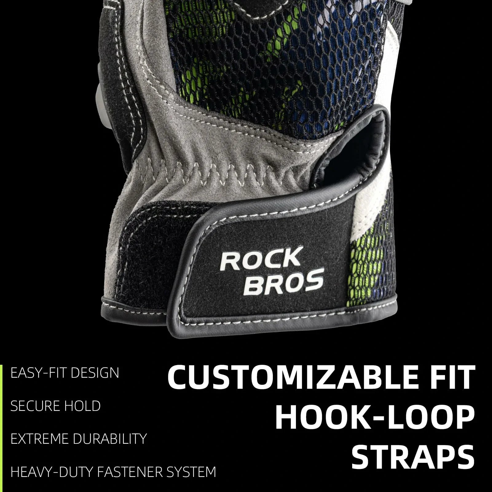 Glove with customizable fit hook-loop straps labeled 'Rock Bros' on a black background.