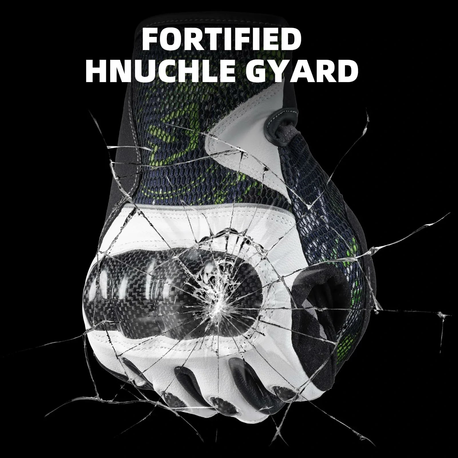 Glove with shattered glass effect and text 'Fortified Hnuchle Gyard' on a black background